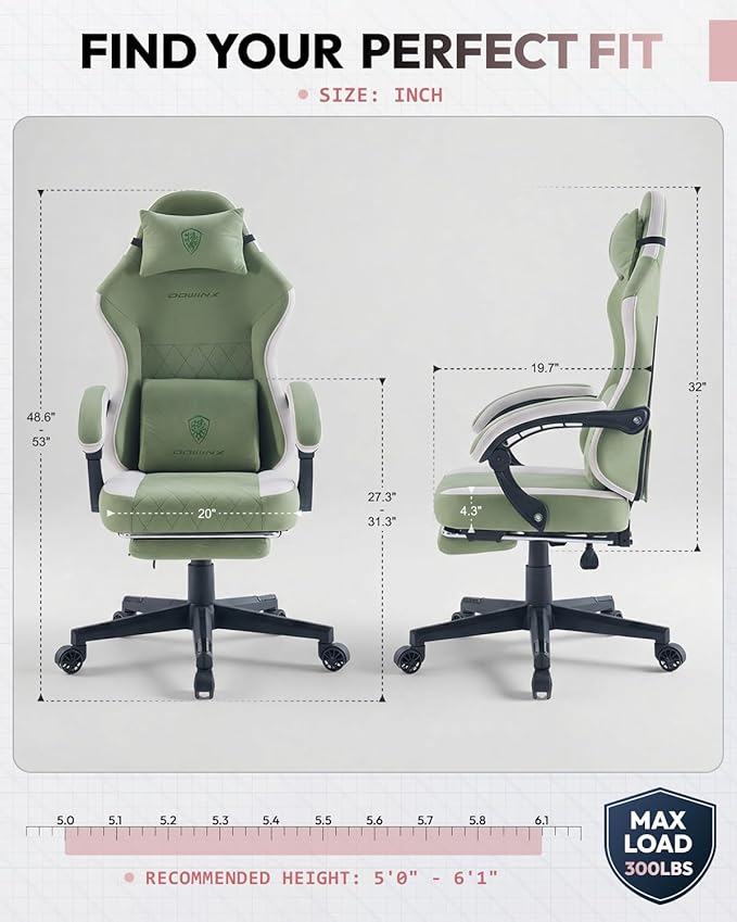 Dowinx Fabric Gaming Chair Computer Office Chair with Pocket Spring Cushions and Lumbar Support Ergonomic Massage Gaming Chairs with Footrest for Big and Tall Green