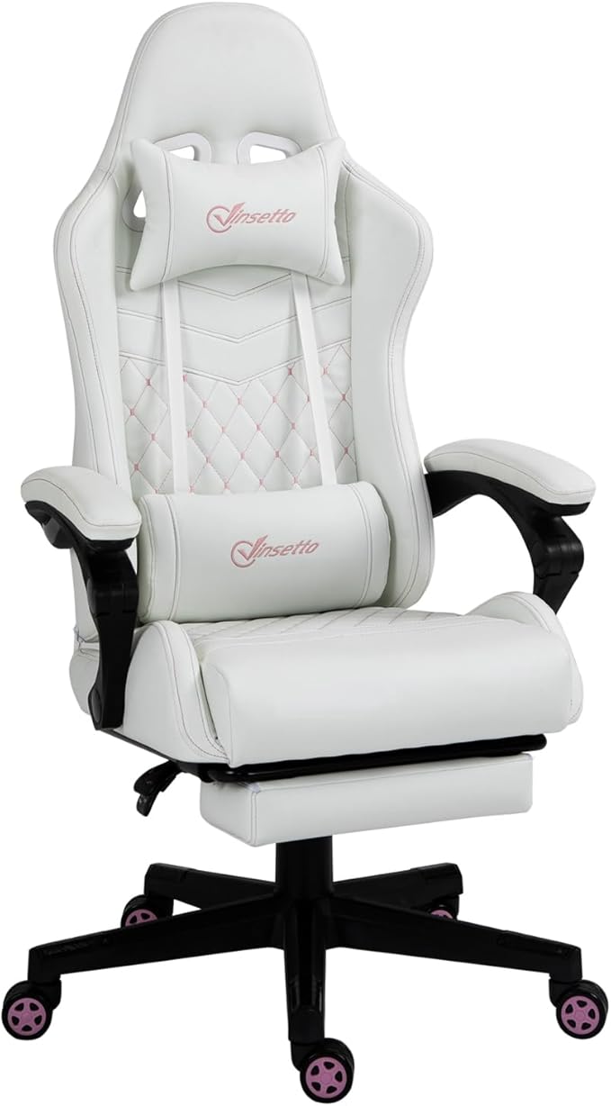Gaming Chair Ergonomic PU Leather Office Chair High Back Swivel Recliner with Footrest Lumbar Support Adjustable Height 360° Rotation (White)