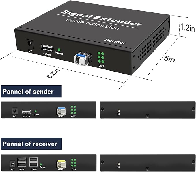 USB2.0 Extender Over Fiber EMI-Resistant Optic up to 20KM (12.4 mi) 4 Ports USB Over Fiber Balun Transmitter and Receiver Support All Operating Systems Plug and Play