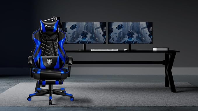 Vonesse Gaming Chair Big and Tall Gaming Chair with Footrest and Massage Gaming Chairs for Adults with Lumbar Support Ergonomic High Back Computer Chair with Pocket Spring Cushion (Black/Blue)
