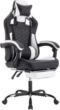 Black and White Gaming Chair Ergonomic - Racing Style High Back Gamer Chair with Footrest Adjustable Lumbar Massage Linkage Armrests &amp 90-135° Recline - Leather Computer Game Chair for Adults