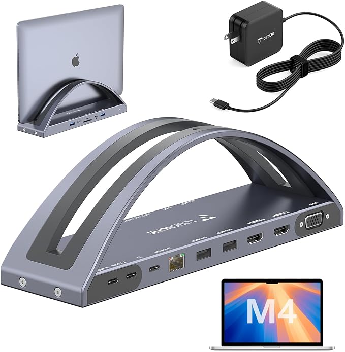 TobenONE MacBook Docking Station Dual 4K Monitor for M1-M5 Pro/Max 13-in-2 USB C Docking Station with 100W Power Adapter Laptop Dock Stand with 2 HDMI VGA 5 USB PD 3.0 RJ45 SD/Micro SD Audio