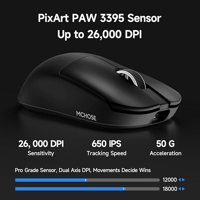 MCHOSE L7 Pro Wireless Gaming Mouse Super Light 39g Gaming Mouse Esport with 26K DPI Optical Switch Programmable Buttons Dual 8K Polling and PAW3395 Sensor Tri-Mode Connection PC/Mac - Black