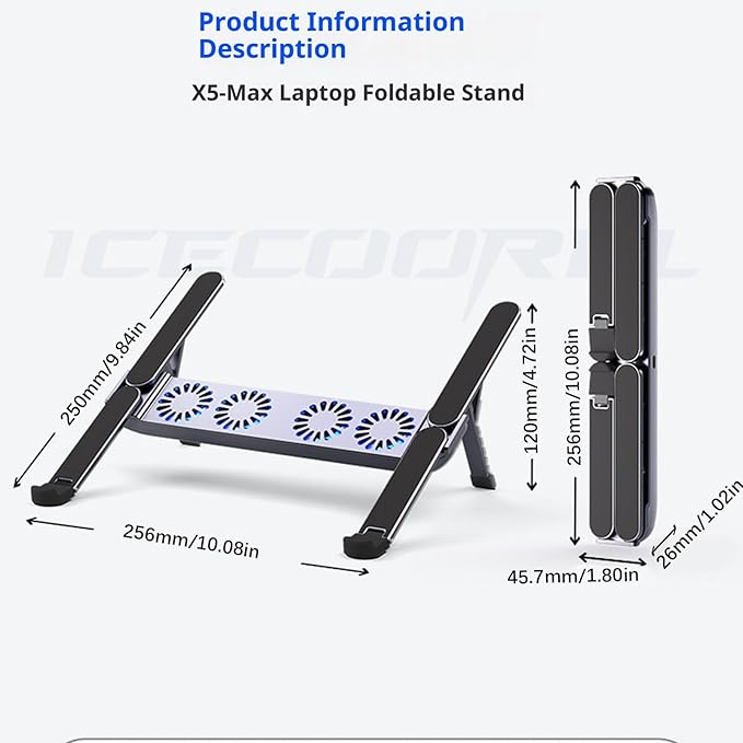 Foldable Laptop Cooling Pad with Quiet Fan and Adjustable Stand for 10-17inch Tablets Aluminum Alloy Design Foldable Computer Cooling Base