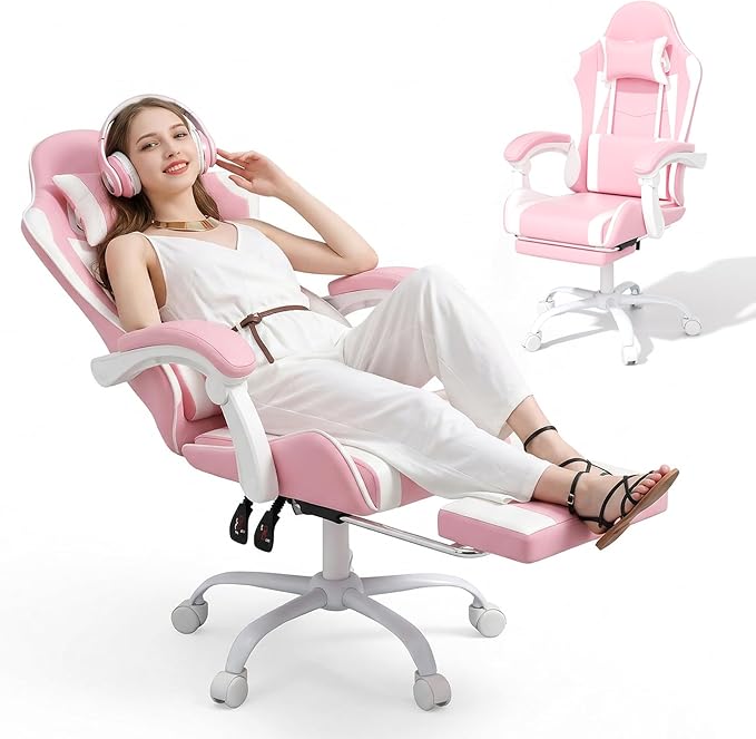 MoNiBloom Gaming Chair with Headrest &amp Lumbar Support Ergonomic Computer Racing Chair with Footrest Adjustable Hight Leather Swivel Computer Chair for Adult Teen Office or Gaming