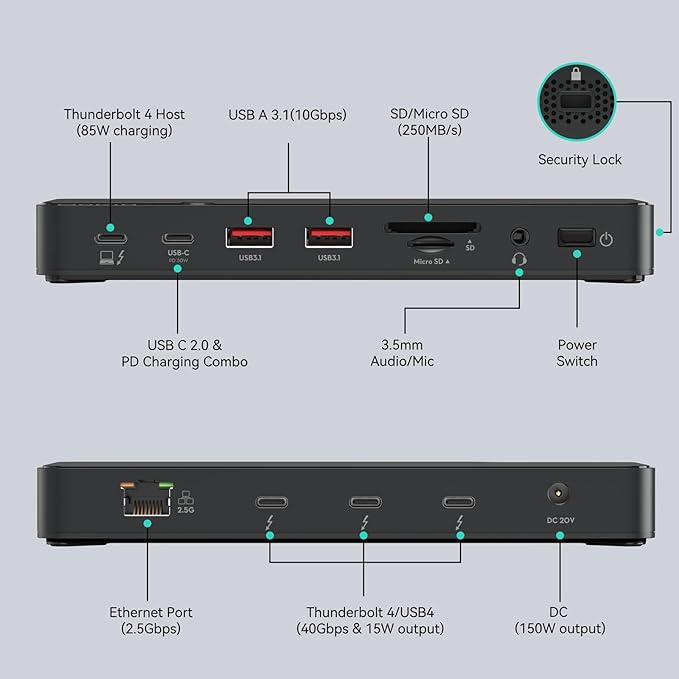 MOKiN Thunderbolt 4 Dock with 85W Charging Laptops Docking Station Dual Monitor for MacBook 3X TB4 Ports 40Gbp/s 2.5GbE EthernetUSB A 3.1Audio SD Compatible for Thunderbolt 3/4 Mac/PC