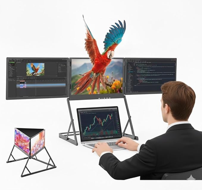 15.6 Laptop Screen Extender Monitor Portable Quad Monitor Just 1 Cable for 3 Screens FHD 1080P IPS Laptop Extender Compatible with Wins/Mac for 13.6 - 17.3 Laptops (Triple screen Grey 15.6)