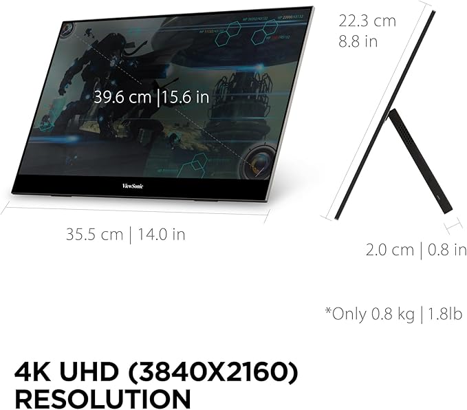 ViewSonic VX1655-4K 15.6 Inch 4K UHD Portable LED IPS Monitor with 2 Way Powered 60W USB C Mini HDMI Dual Speakers and Built-in Stand with Tripod Mount