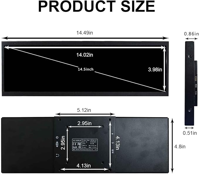 VSDISPLAY 14.5'' 14.5 Inch 2560x720 2K IPS LCD Monitor Stretched Bar Display for Computer PC Case GPU CPU Secondary Screen MonitorSupports USB-C Video Input