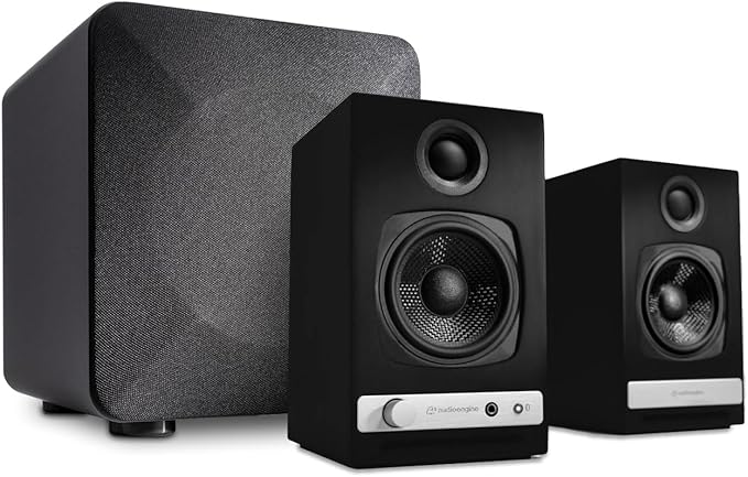 Audioengine A2 HD (HD3) Black 60 Watt Pc Speakers for Desktop and S6 Gray Subwoofer for Music Gaming Movies Studios Dorms Bedrooms Offices