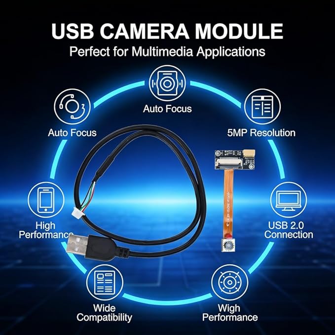 USB Camera Module 5MP Auto Focus 76° Wide Angle USB 2.0 Interface Compatible with Multiple Systems - High Definition OV5693 Sensor Plug and Play Security Monitoring