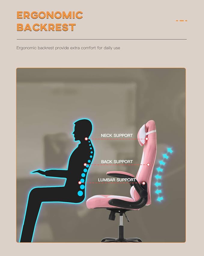 PC Gaming Chair Video Game Chair Racing Style Office High Back Desk Executive PU Leather Rolling Task Swivel Computer with Lumbar Support HeadrestPink
