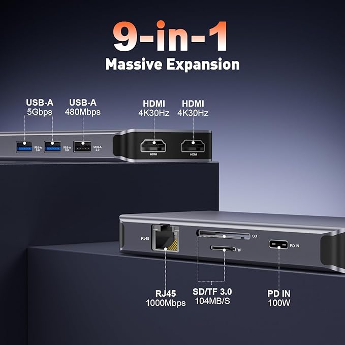9 in 1 Docking Station Dual Monitor USB C to Dual HDMI Adapter 1000Mbps LAN 100W PD SD/TF 3*USB-A Data Port HDMI Extended Display Laptop USB C Hub for HP/Dell/XPS/Lenovo/Laptop