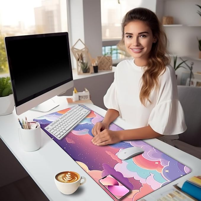 Kawaii Purple Cloud Mouse Pad with Wrist Rest Ergonomic Mouse Pad Wrist Support with Non-Slip Pain Relief PU Base Large Computer Mousepad Purple Office Desk Accessories Decor Supplies