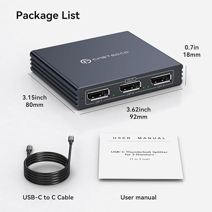 USB C to DisplayPort Splitter 4K@60Hz DisplayPort MST Hub for Triple Monitors with 100W PD Supports Extended Mirror Mode (Mac OS Only Mirror) Compatible with Thunderbolt 3/4/5 Laptops Windows