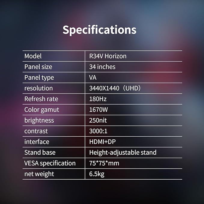 34inch Curved Monitor WQHD (3440x1440) 180Hz Ultrawide Gaming Monitor FreeSync/G-Sync Compatible1ms1500R Support 2 HDMI &amp 2 DP Equipped with LED Backlight VESA Mount(R34V Horizon)