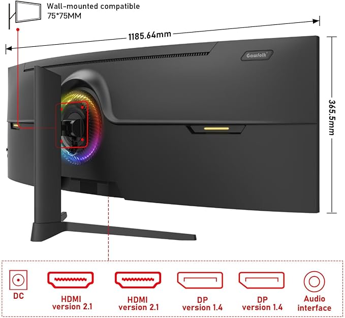Gawfolk 49 inch Ultra-Wide Curved 1500R Gaming Computer Monitor DQHD(5120×1440) 165Hz 1MS FreeSync 120% sRGB Height Adjustable PC Screen HDMI2.1DP1.4 Compatible Wall Mount 75 * 75mm - Black