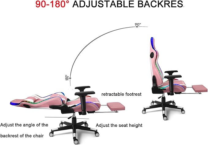 TBQATNTS LED Gaming Chair with Massage High Back PU Video Game Chair with Speakers Adjustable Lumbar Support and Headrest Reclining Computer Gaming Chair for AdultsPink