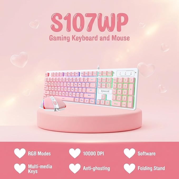Redragon Updated S107WP Gaming Keyboard and Mouse RGB Gaming Keyboard and 10000 DPI Mouse Combo with 25-Key Anti-Ghosting 1K Hz Programmable Mice with Software Plug &amp Play to PC Laptop - Pink