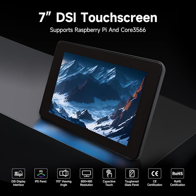 Generic LUCKFOX Touchscreen7 inch DSI Display Support 3D Printing Compatible with Raspberry Pi 5/4/3 IPS Screen Capacitive LCD 800x480 170°Wide Viewing Angle Toughened Glass LCD Black