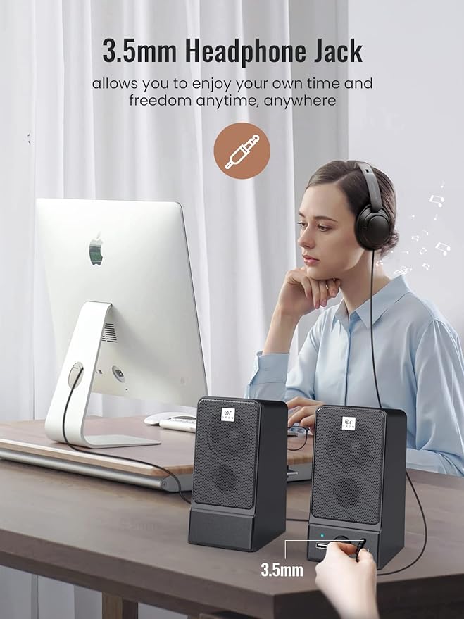 OROW USB Computer SpeakersHi-Fi Stereo PC Speakers16W Desktop SpeakerBuilt-in DSP Sound Chip Deep Bass&ampPure VocalLaptop Speakers with Headphone Jack(S203)