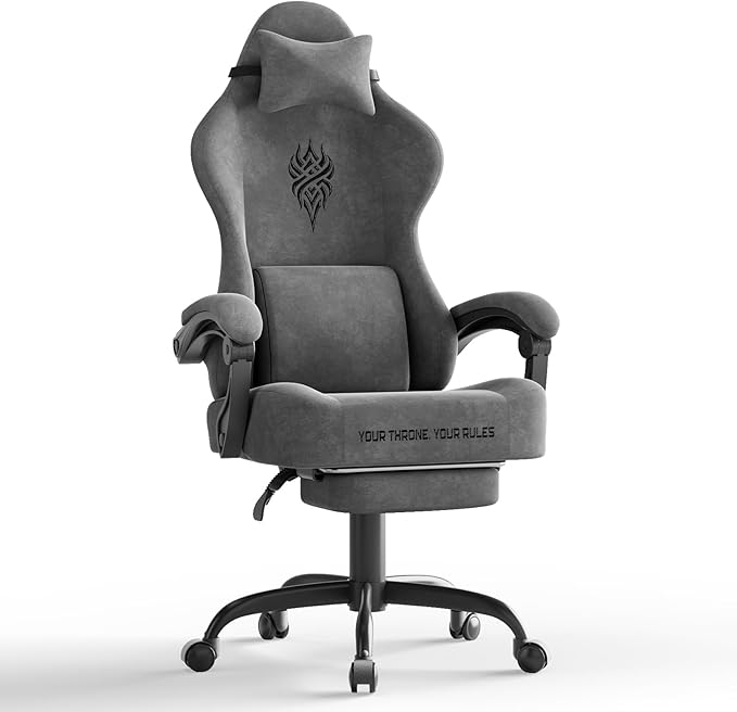 Soontrans Dark Grey Velvet Fabric Gaming Chairs with Footrest Ergonomic Comfortable Video Gamer Chair Reclining Office Computer Desk Game Chairs with Massage Lumbar CushionHeadrest for Adult
