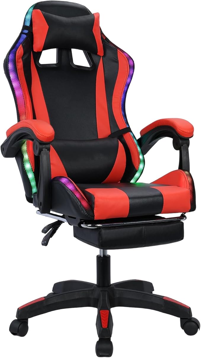 cdar Gaming Chair for Adults Bluetooth Speakers Video Game Chairs with Footrest Massage Lumbar 360° Swivel Height Adjustable Gaming Chair 397lbs Capacity (Red)