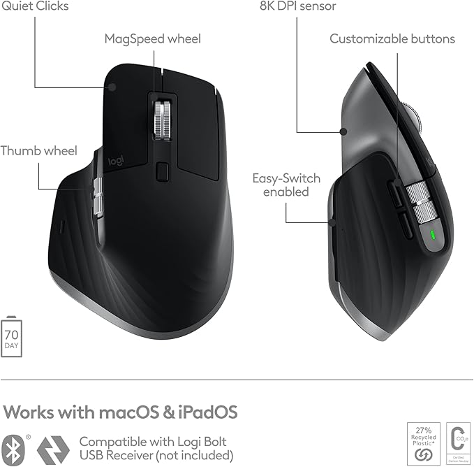 Logitech MX Master 3S for Mac Wireless Bluetooth Mouse Ultra-Fast Scrolling Ergo 8K DPI Quiet Clicks Track on Glass USB-C Apple iPad - Space Grey (Renewed)
