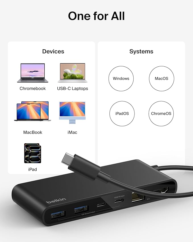 Belkin Connect 8-Port USB C Hub Supports Display w/Resolutions up to 4K@60Hz - Works with Mac Windows and Chromebook - 100W PD w/ 10Gbps Data Transfer Speeds &amp 2.5Gbps Ethernet - Black