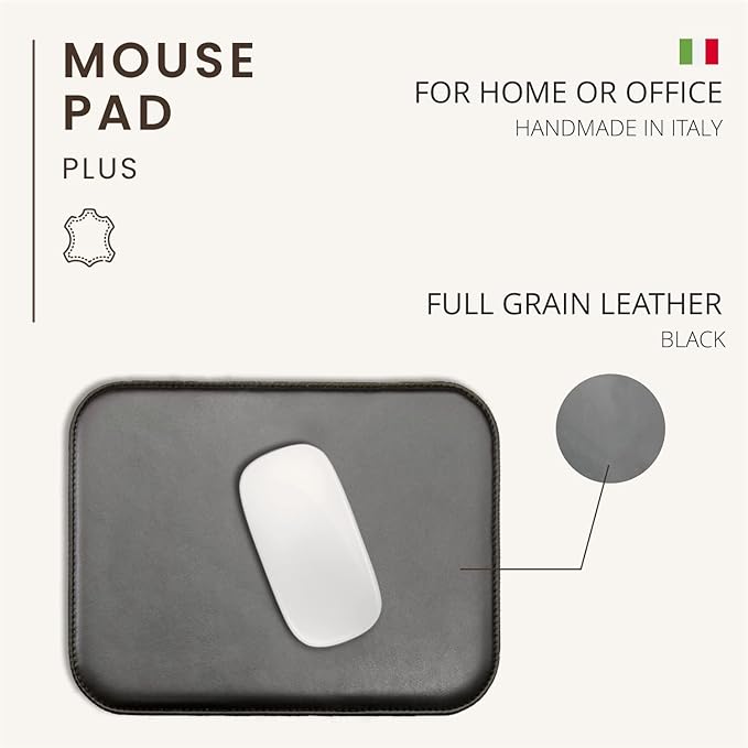 Maruse Italian Leather Mouse Pad for Home or Office Desktop Handmade in Italy Black
