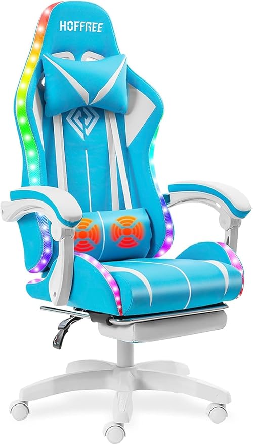RGB Gaming Chair with LED Lights Ergonomic Massage Computer Chair with Footrest Reclining Video Game Chair with Adjustable Lumbar Support High Back Game Chairs for Adults Light Blue and White