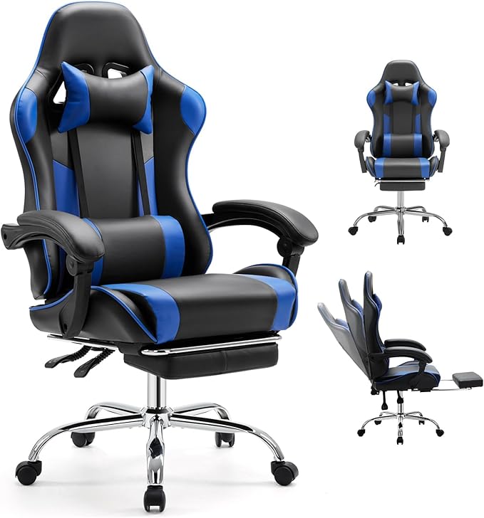 edx Ergonomic Gaming Chair PU Leather Office Computer Chair with Footrest Headrest Linkage Armrests Height Adjustable 360° Swivel Reclining (Blue)