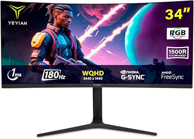YEYIAN 34” Ultrawide Curved Gaming Monitor 180Hz 1ms WQHD 3440×1440 1500R VA Panel sRGB 129% DCI‑P3 92% FreeSync HDR10 HDMI×2 DP1.4×2 Tilt Adjustable
