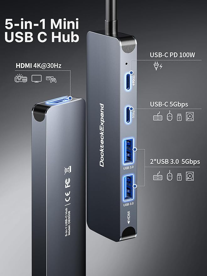 USB-C Hub 5-in-1 with 4K HDMI 100W Power Delivery 5Gbps USB-C Data Port and 2 5Gbps USB-A Data Ports for MacBook Pro/Air iPad Pro/Air Dell XPS