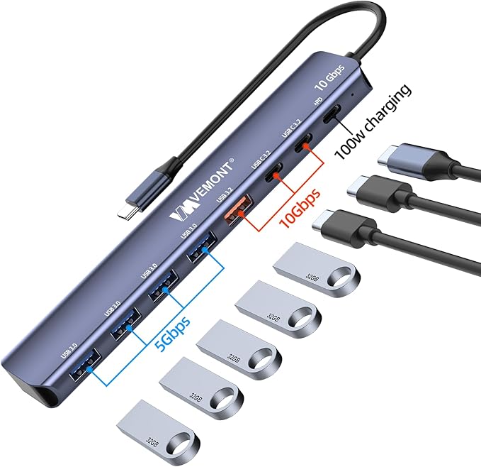 VEMONT 7-in-1 USB C Hub 10Gbps Aluminum Hub with 2 USB-C 3.2 USB-A 3.2 4 USB 3.0 Ports 100W PD Charging Compatible with MacBookfor iPad Laptop/Phones and More Device