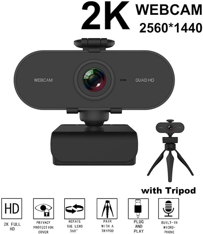 Webcam 2K Full HD Web Camera with Microphone USB Plug Video Web Cam for PC Computer Laptop Mini Cam Accessories Gamer Webcast for Business Meetings
