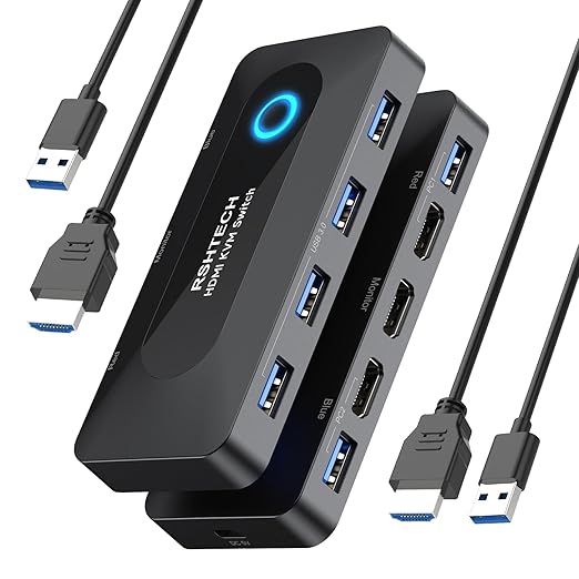 KVM Switch RSHTECH USB Switch with 4K@60Hz HDMI and 4 USB-3.0 Ports for 2 Computers Share Keyboard Mouse Printer and one HD Monitor with 2 USB-A Cables and 2 HDMI Cables