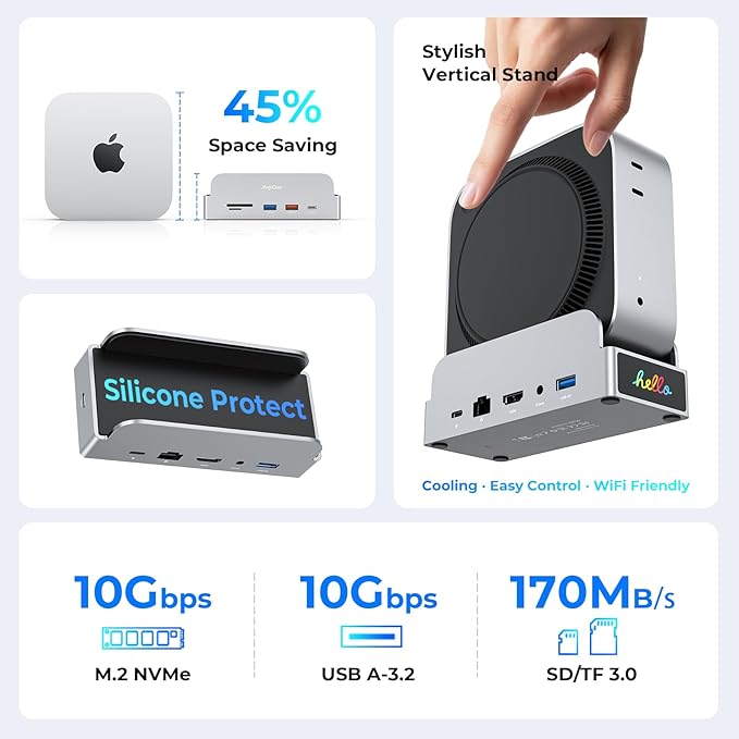 RayCue SmartDock Pro for Mac mini M4 Dock Stand with M.2 NVMe SSD Enclosure 4K 60Hz HDMI 10Gbps USB-C/A Gigabit Ethernet SD/TF Card Readers – Space-Saving Vertical Hub Compatible with Mac mini