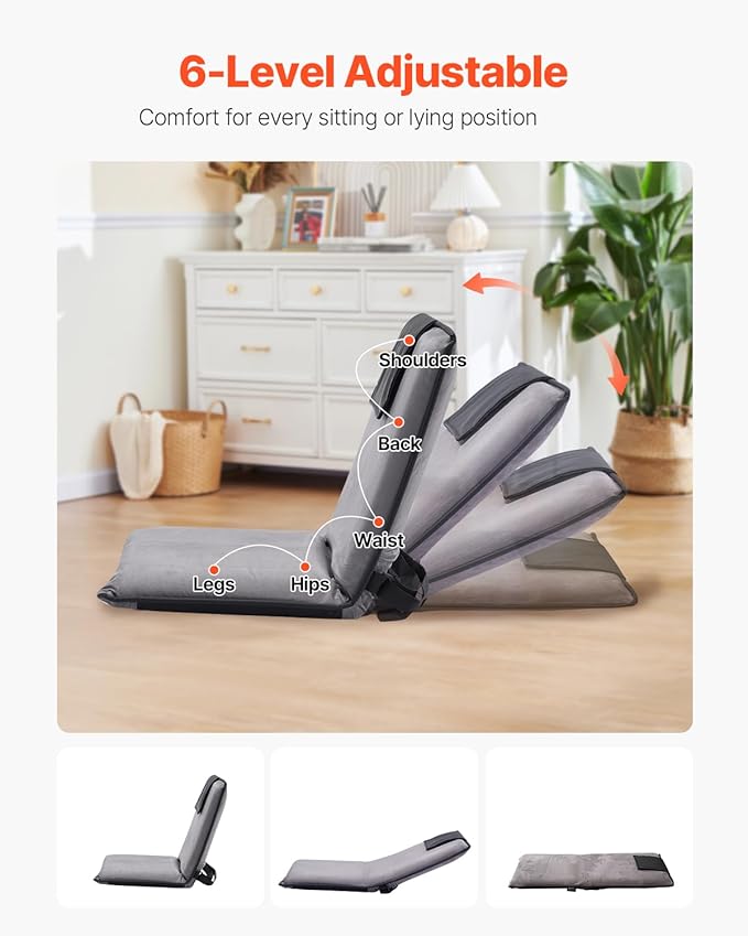 VEVOR Floor Chair 6-Position Adjustable Meditation Chair with Back Support Folding Sofa Chair for Reading TV Watching and Gaming Portable Floor Seat Lounge Sofa Chair for Kids Teens Adults Gray