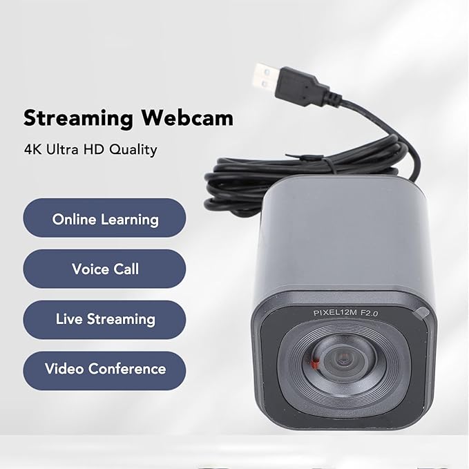 Yunir 4K 12MP Webcam USB Auto Light Correction Computer Camera with 1/4 Inch Threaded Hole for Online Teaching and Video Conferencing