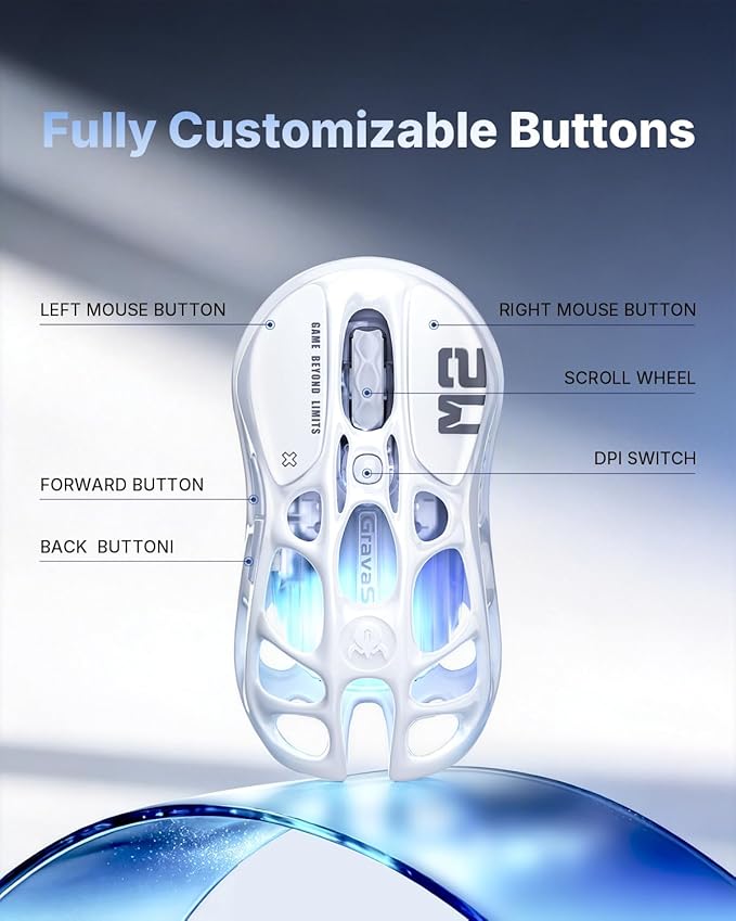 GravaStar Mercury M2 Wireless Gaming Mouse with 26000 DPI PAW3395DM Sensor -79g Lightweight Hollowed-Out Design -5 Programmable Buttons -5 Dynamic Lightsync RGB (White)