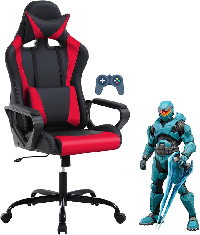 Ergonomic Gaming Chair High Back PU Leather Office Chair with Adjustable Lumbar Support &amp Headrest – Swivel Computer Desk Chair for Adults Teens Kids – Heavy Duty Executive Red Game Chair-Red