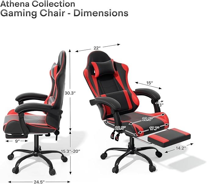 Athena Collection Ergonomic Gaming Chair with Footrest &amp Headrest Lumbar Support Height Adjustable Swivel Office Chair Reclining Game Chair Leather High Back Computer Chair for Adults Kids Red