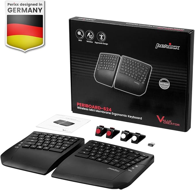 Perixx PERIBOARD-624B US Wireless Ergonomic Split Keyboard - Up 30 Ft Separation - Adjustable Tilt Angle - Low Profile Membrane Keys - Black - US English