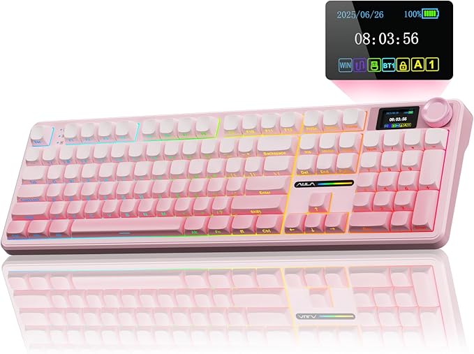 AULA F108 PRO - Wireless Mechanical Keyboard with Screen &amp KnobFull Size Keyboard with 8000mAh BatteryPre-lubed SwitchesSide Printed PBT KeycapsRGB Backlit Hot Swappable Custom Pink Keyboards