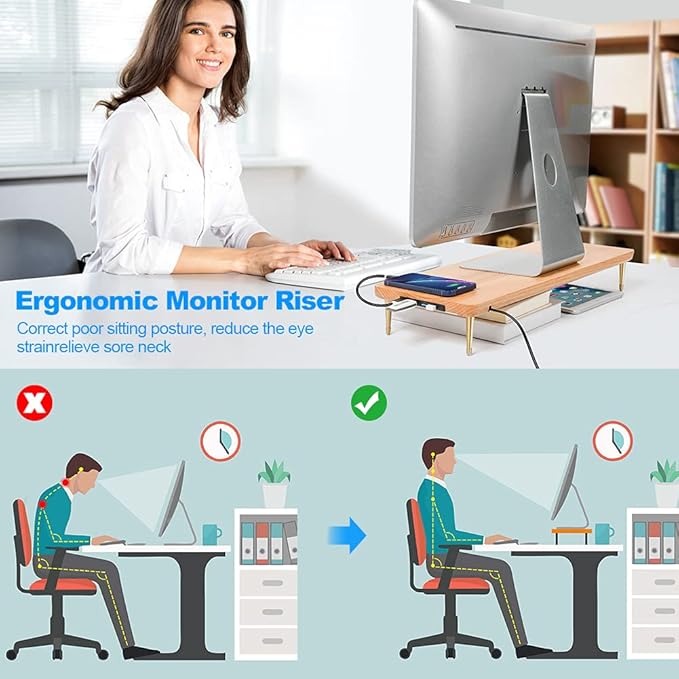 Wood Riser Monitor Stand with USB Ports Computer Stand w/Slot for Tablet &amp Cellphone Computer Riser w/Big Storage Dual Monitor Riser for PC Computer Laptop Printer