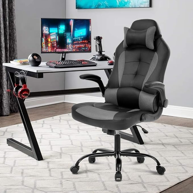 Gaming Chair High Back Home Office Chair Ergonomic PC Racing Chairs with Flip-up Arms PU Leather Computer Chairs Adjustable Height Swivel Executive Grey