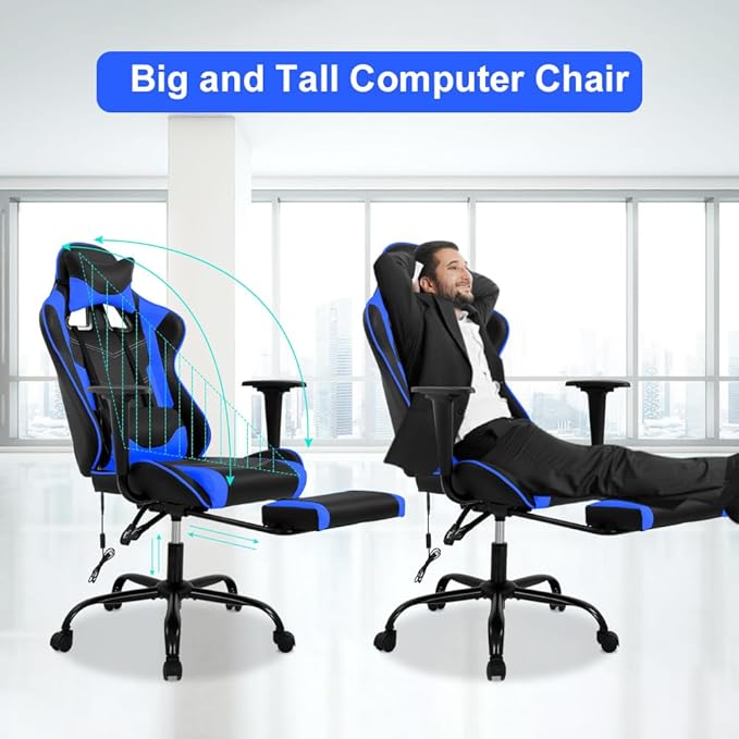 Computer Swivel Gaming Chair Video Game Chair PU Leather Executive Chair High Back Gaming Office Chair with Lumbar Support Adjustable Armrest Headrest Footrest for BoysGirls(Blue)