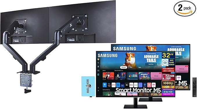 Samsung 32 Smart M5 (M50D) FHD VA Monitor with HDR10 4ms Response Time Anti Glare Flicker Free VESA Mount (100mm) HDMI &amp DKZ Hub Black (LS32DM500ENXGO) 2 Pack ErgoFlexy Dual Monitor Mount