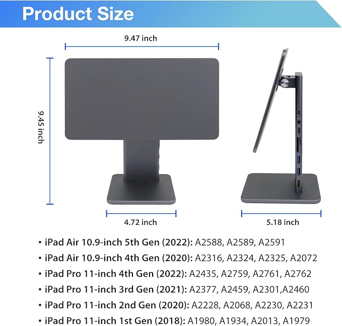 Magnetic iPad Stand Hub Docking Station for Air 10.9-inch Pro 11-inch | 60W USB-C DP 4K@60Hz HDMI 5Gbps USB A 3.5mm Audio Card Readers